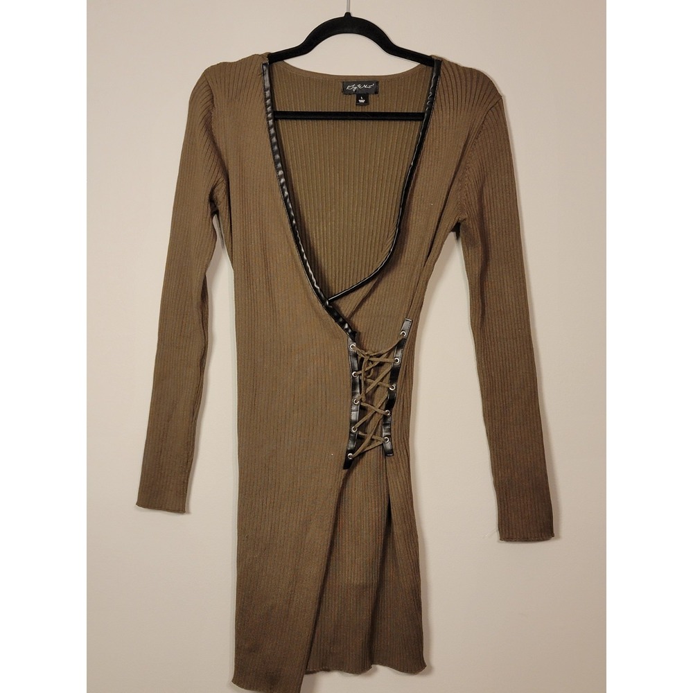 Say What Black Ribbed‎ Long Slv Dress Large V Neck Bondycon Form Fit Winter Wear
